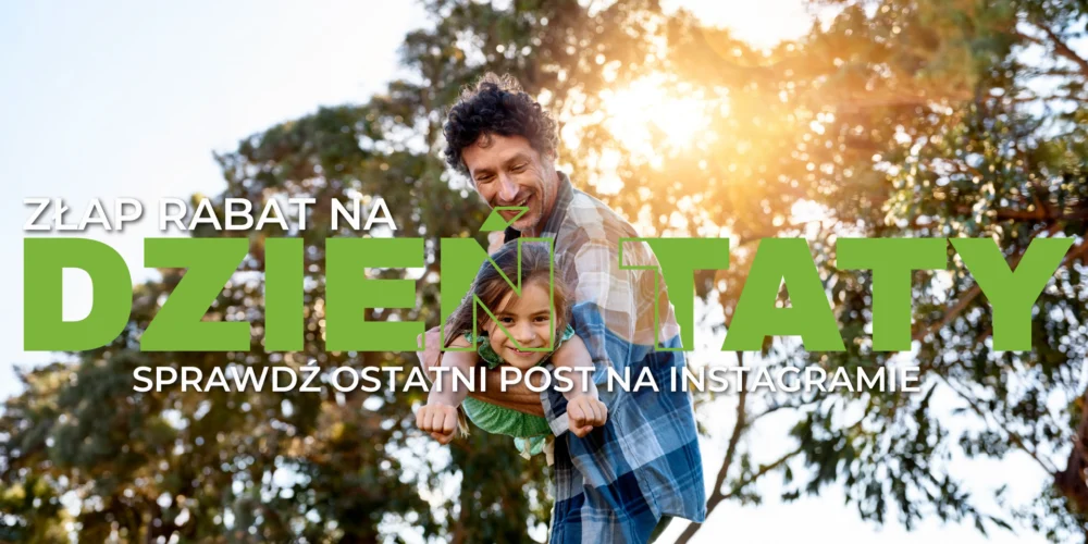 Baner promocji Biolit na Dzień Taty – uśmiechnięty tata bawiący się z córką na świeżym powietrzu. Złap rabat, sprawdź ostatni post na Instagramie.